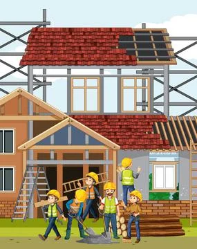 Building construction site with workers Ilustración de archivo