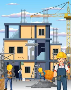 Building construction site with workers Ilustración de archivo