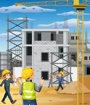 Building construction site with workers Ilustración de archivo