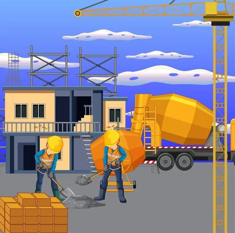 Building construction site with workers Ilustración de archivo