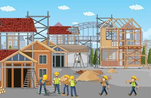 Building construction site with workers Ilustración de archivo