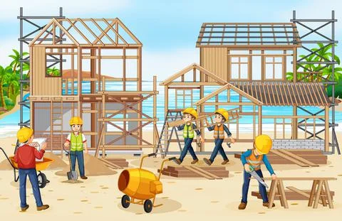 Building construction site with workers Ilustración de archivo