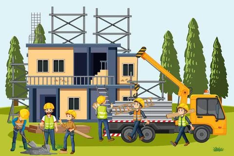 Building construction site with workers Ilustración de archivo