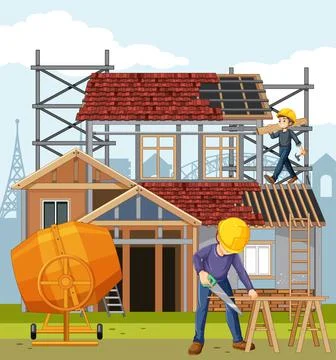 Building construction site with workers Ilustración de archivo