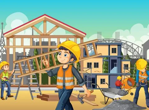 Building construction site with workers Stock Illustration