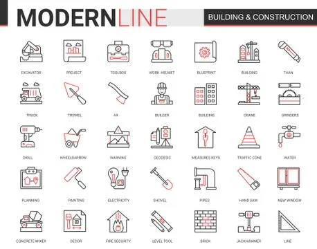 Building construction thin red black line icons vector illustration set with Ilustración de archivo