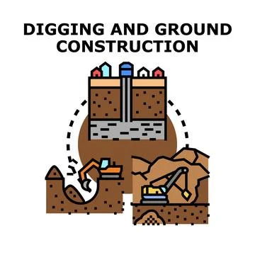 Building construction underground foundation digging process vector Stock Illustration