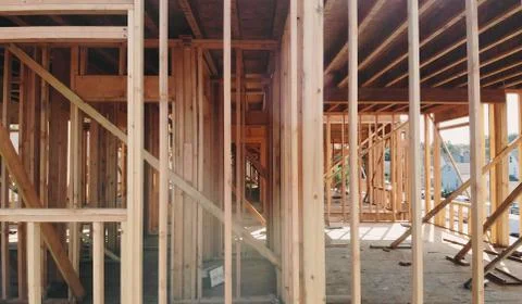 Building construction, wood framing structure at new property development sit Stock-Fotos