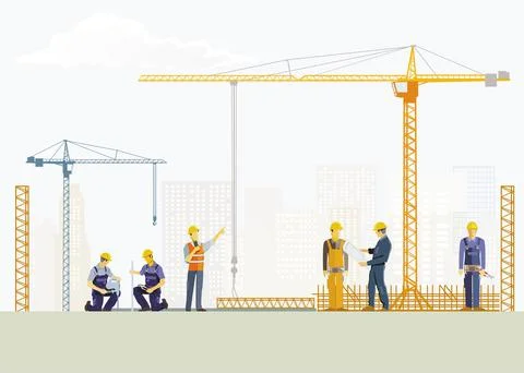 Building construction work with construction workers on the construction site Stock Illustration