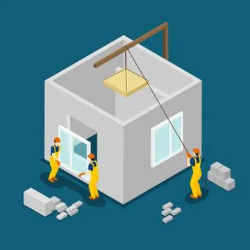 Building Construction Workers Isometric Banner Stock Illustration