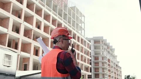 Building contractor communicating over two-way radio on site Stock Photos