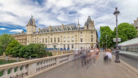 Building of Cour de cassation and traffic on Saint-Michel bridge timelapse Stock Footage