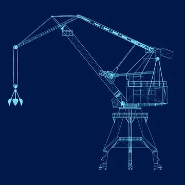 Building crane blue wireframe. Vector illustration. 3D. Side view Ilustración de archivo