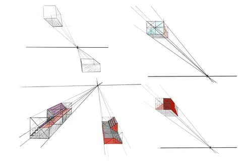 Building a cube in linear perspective. One point perspective Stock Illustration