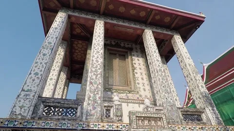 Building with decorated pillars, Wat Arun Temple Compound, Bangkok, Thailand Stock Footage 290951530