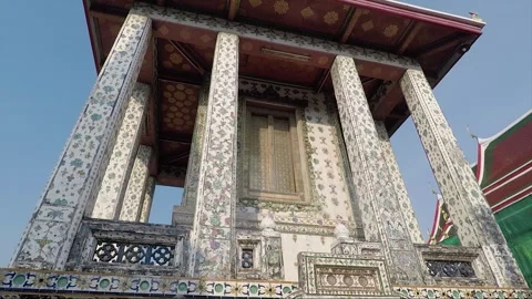 Building with decorated pillars, Wat Arun Temple Compound, Bangkok, Thailand Stock Footage 290951997