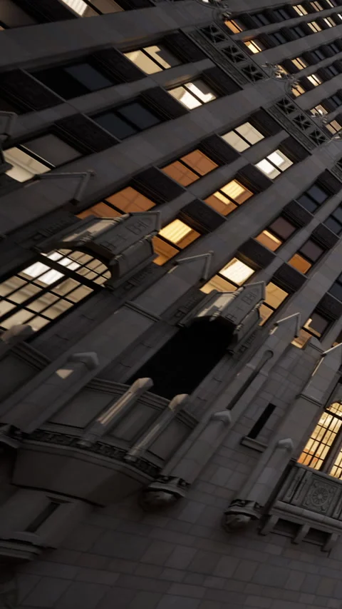 Building with decorative elements during twilight in an urban setting Stock Footage 342708867