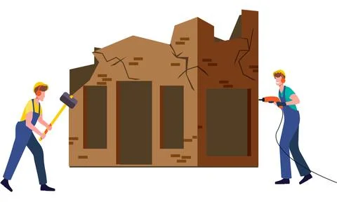 Building Demolition with Workers Stock Illustration