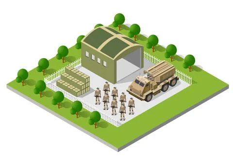 Building design army armed troop isometric armed military transport Stock Illustration