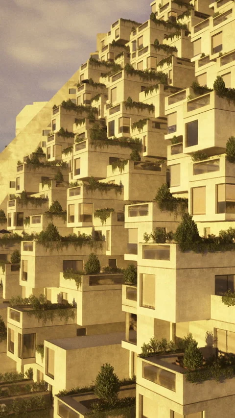 Building design with multiple stacked units and greenery on facade in city Stock Footage 330265460