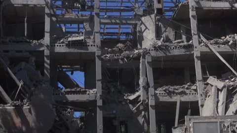 A building destroyed by a missile attack. The real war between Russia and Video stock 201406115