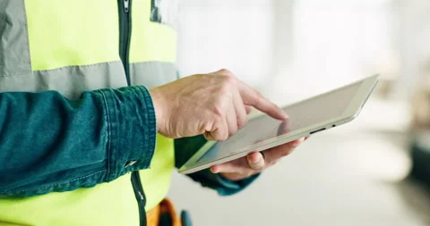 Building, digital tablet and construction worker hands planning and schedule at Vídeos de archivo 219412958
