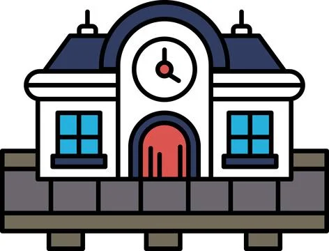 Building with a door and a clock on the front Ilustración de archivo