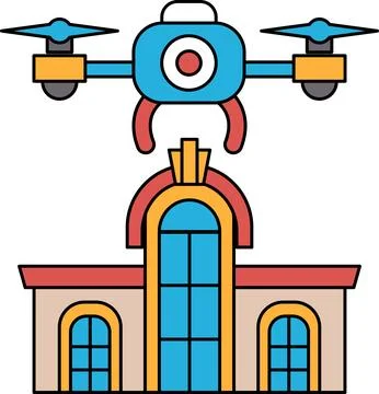 A building with a drone flying over it Ilustración de archivo