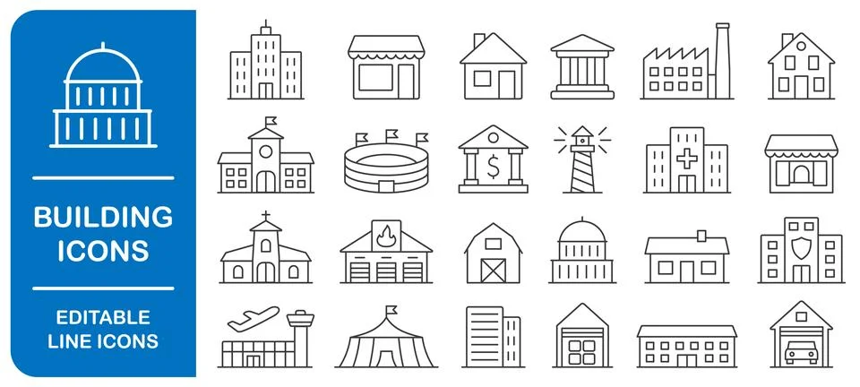 Building editable line icon set. City architecture symbol sign Stock Illustration