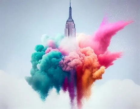 A Building Emerging from a Surreal Cloud of Holi Powder Ilustración de archivo