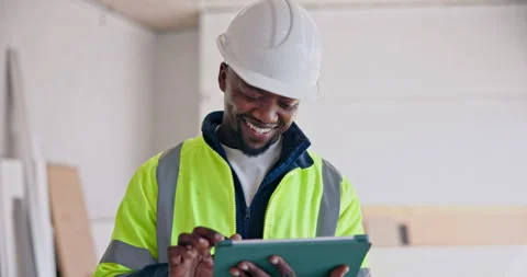 Building, engineer and man with tablet, laughing and plan for renovation project Stock Footage 345324646