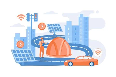 Building engineer and smart road using sensors and solar energy. Smart road.. Stock Illustration