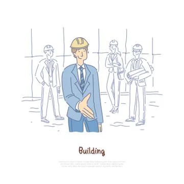 Building engineer, architects team, crew coworking, business partners, busine 库存插图