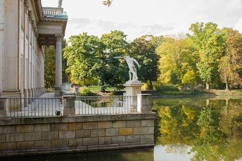 Building facade of Baths Palace in Royal Baths Park in Warsaw, Poland and l.. Stock-Fotos