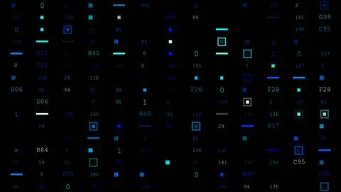 Building facade with binary code pattern in electric blue on black background Stock Photos
