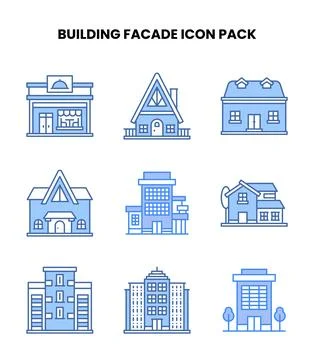 Building Facade Blue Set Icons Pack Ilustración de archivo