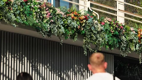 Building facade decorated with vibrant flowers and green foliage, creating urban Stock Footage 344697122
