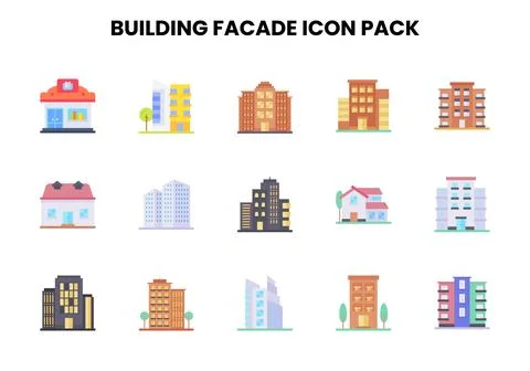 Building Facade Flat Design Icons Pack Ilustración de archivo