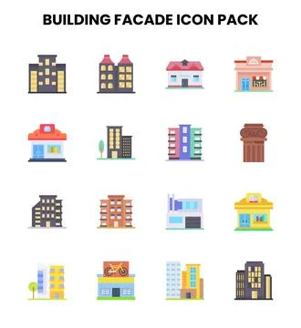 Building Facade Flat Icons Pack Stock Illustration