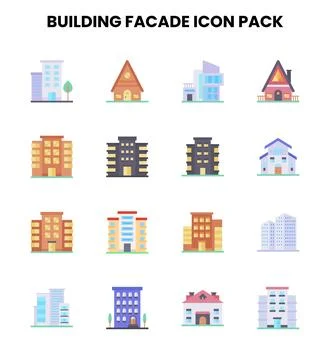 Building Facade Flat Set Icons Pack Ilustración de archivo