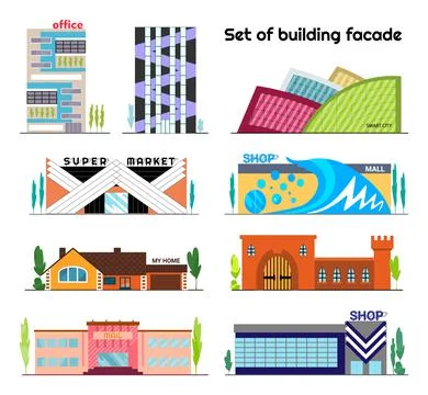 Building facade in flat style on white background. Vector city isolated symbols Ilustración de archivo