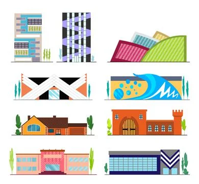 Building facade in flat style on white background. Jpeg city isolated symbols Ilustración de archivo
