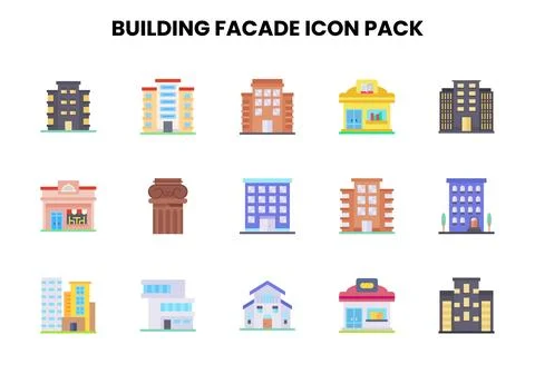Building Facade Flat UI Icons Pack Stock Illustration