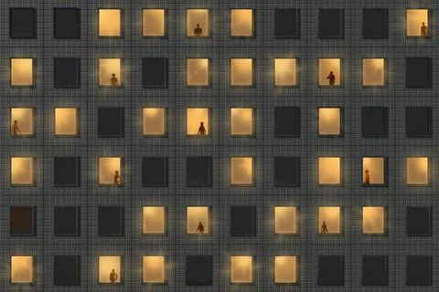 Building facade with illuminated windows  - 3D illustration. 스톡 일러스트