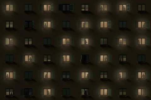 Building facade with illuminated windows  - 3D illustration. 스톡 일러스트