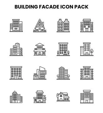 Building Facade Line Set Icons Pack Stock Illustration