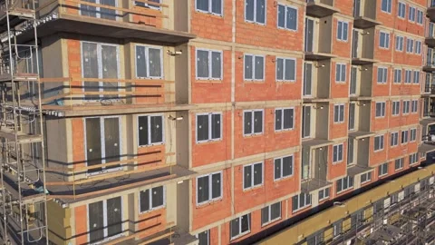 Building facade with mineral wool insulation, Drone flight view. wool panel.. Stock Footage 333346830