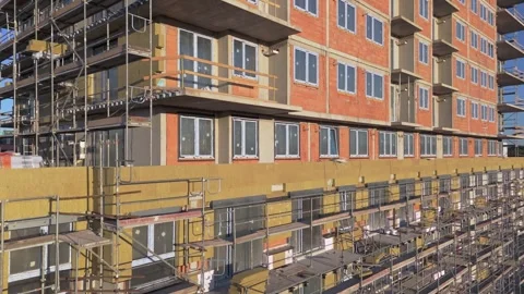 Building facade with mineral wool insulation, Drone flight view. wool panel.. Stock Footage 333346857