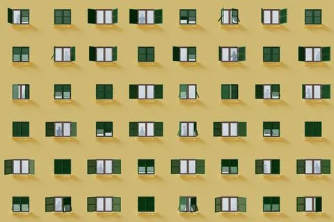 Building facade with people at the windows - 3D illustration. Ilustración de archivo