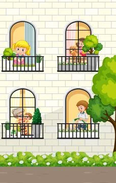 Building facade with people at the windows Ilustración de archivo